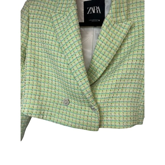 ZARA XS Light Green Tweed Cropped Jacket Notched Collar Summer Weight - Picture 12 of 15